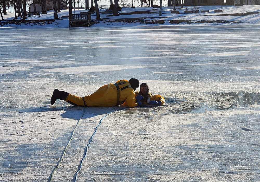 Litchfield Fire personnel practiced ice rescue techniques at Walton Park this week. Residents are reminded that frozen bodies of water can have many hidden dangers. Please refrain from walking or riding recreational vehicles on any ice without experience or checking the ice thickness beforehand. Refrozen holes could be significantly thinner and give way under weight.